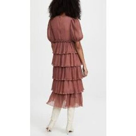 English Factory Size L Tiered Ruffled Midi Dress Mauve Brown Swiss Dot Flouncy - Picture 2 of 16